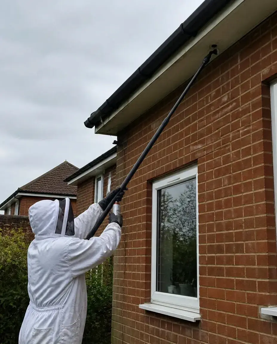 Technician in a bee protection suit treating a wasp nest under the eaves with a slim black pole