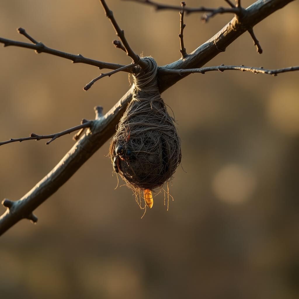 An abandoned late-autumn wasp nest hanging in a bare tree branch in soft October light