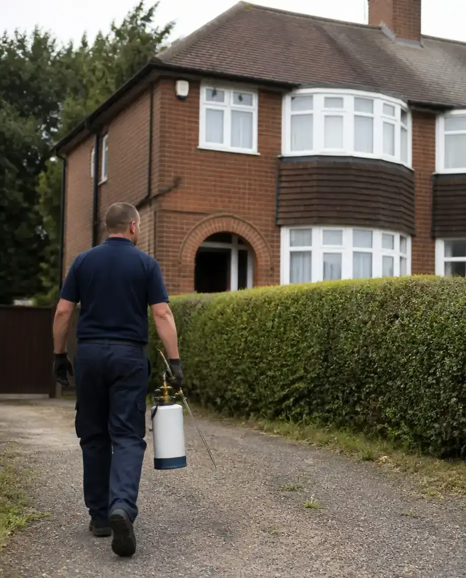 Local pest-control technician arriving at a Hertfordshire red-brick home