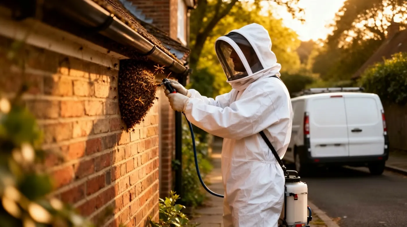 Hertfordshire wasp exterminator treating a nest under house eaves
