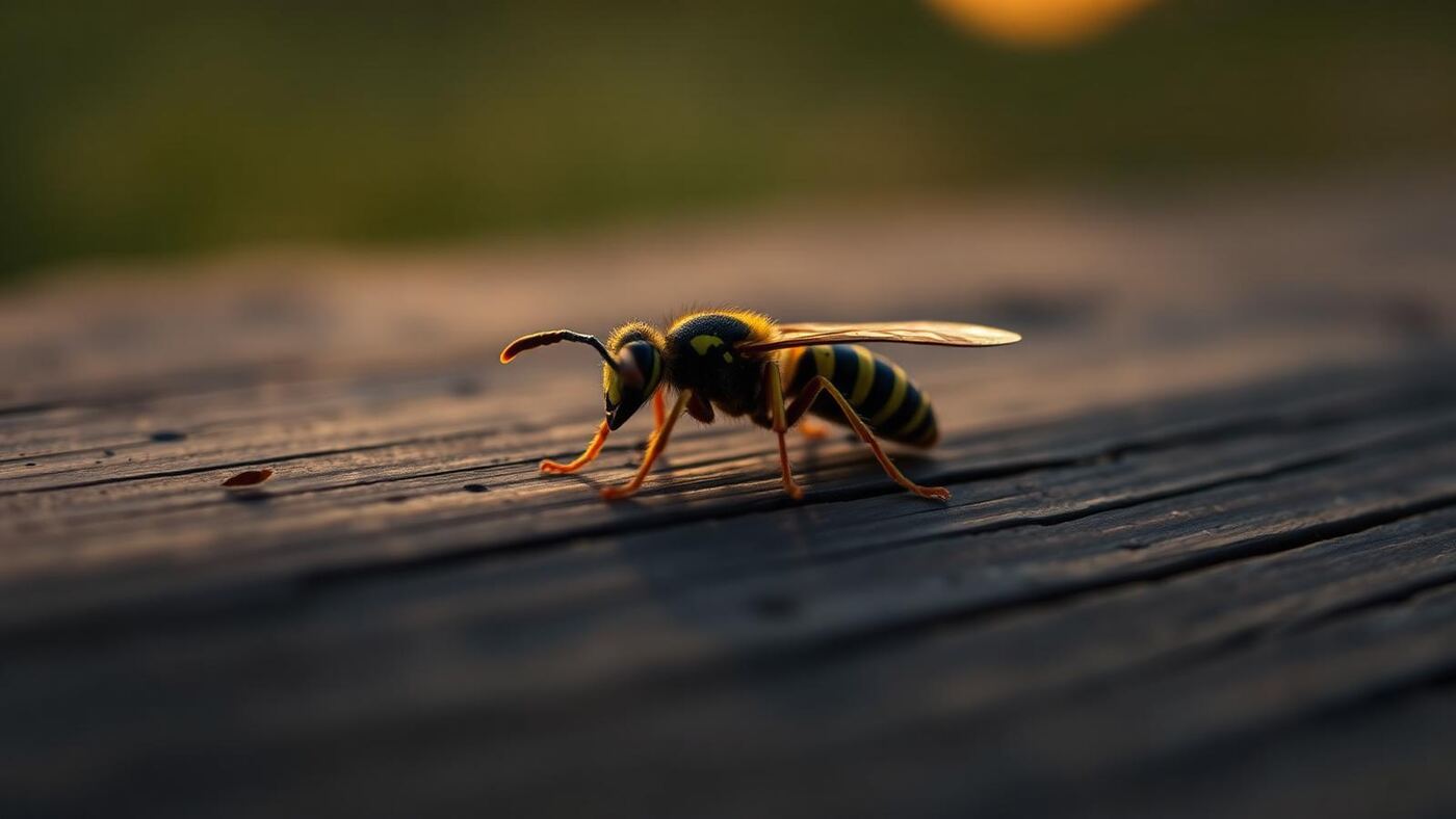 A wasp resting motionless on a weathered wooden surface in the warm orange light of dusk