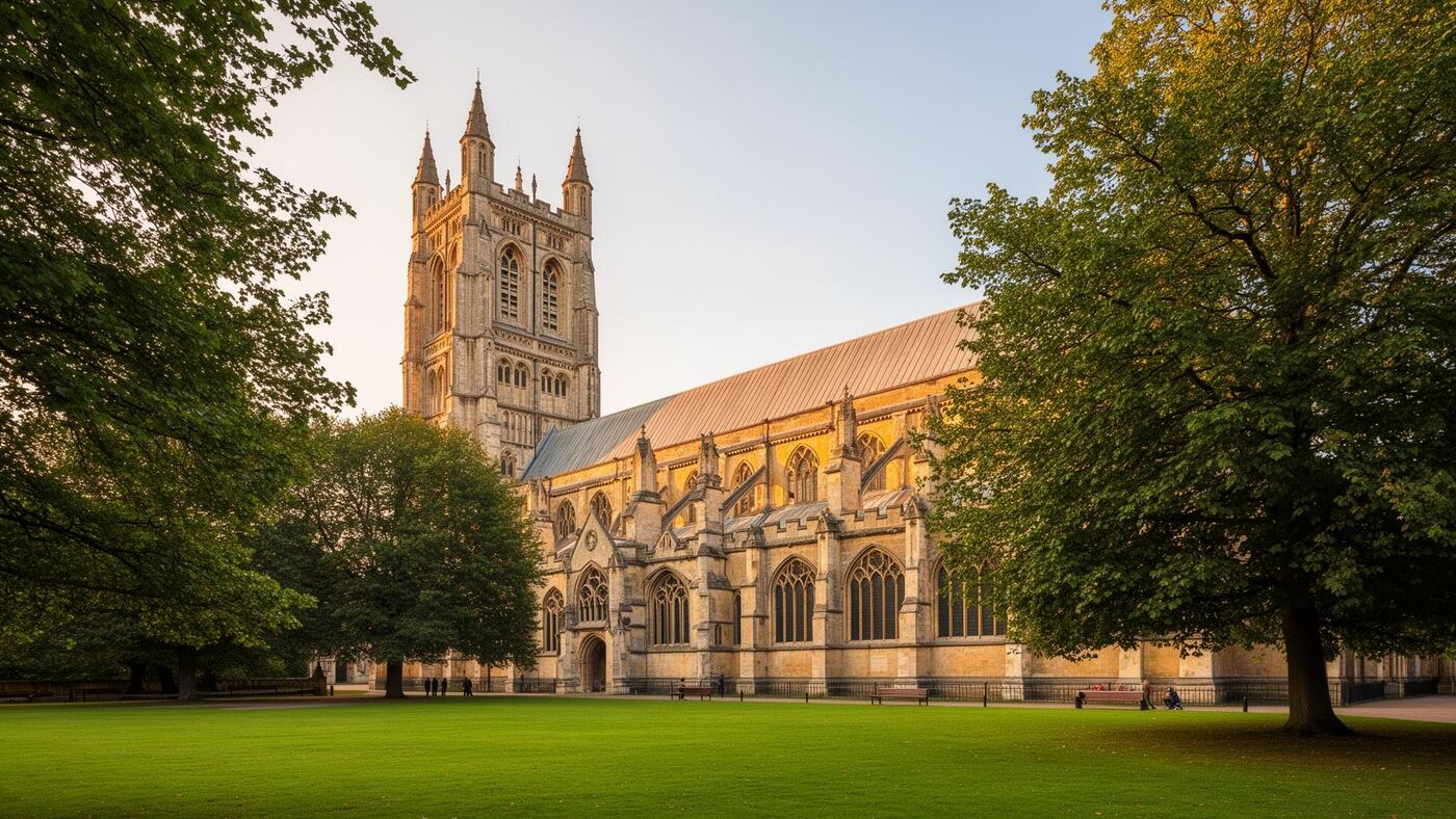 St Albans Cathedral with its Norman tower, framed by mature trees and the surrounding green