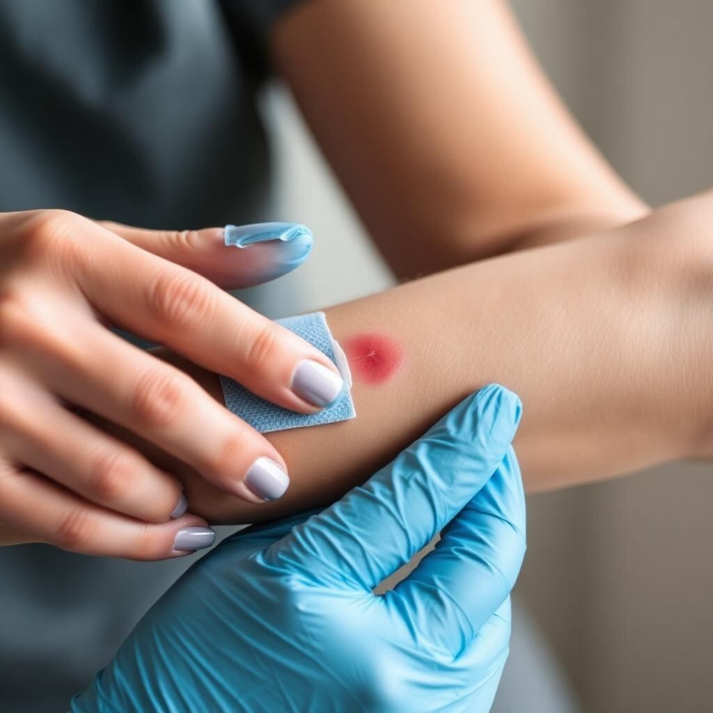 Applying a cold compress to a red wasp sting on a forearm