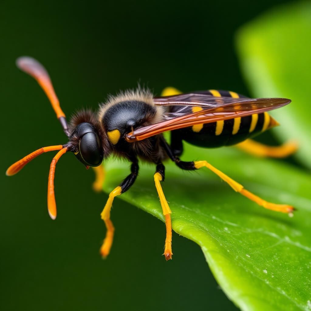 Asian Hornet (Vespa velutina) showing predominantly dark body, single orange band and distinctive bright yellow leg tips